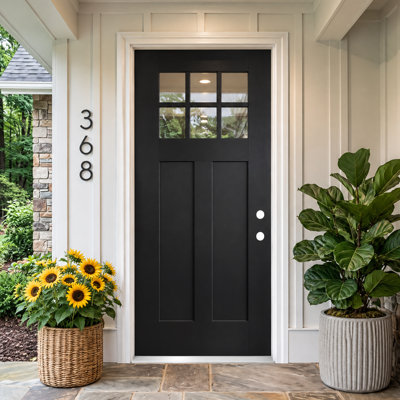 Porte d'entrée en fibre de verre noir Farmhouse avec plateau en verre transparent de 6 Lite, panneau vertical, cadre blanc préfini