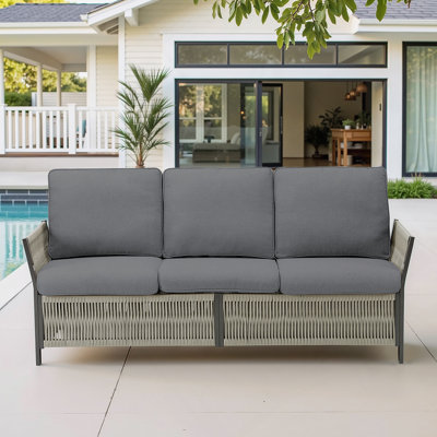 73.6-Inch Outdoor Patio Sofa, 3-Seat Rattan Couch With Gray Cushions For Balcony Or Porch