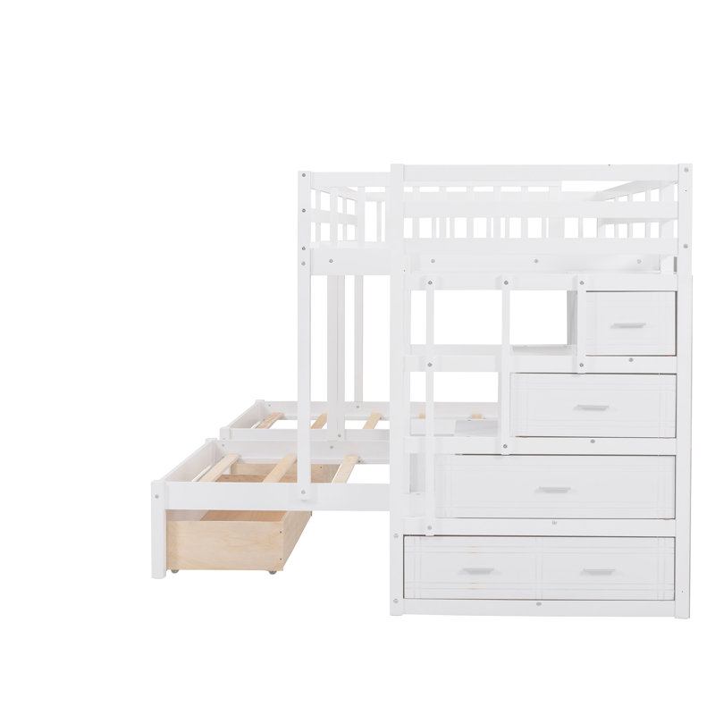 Lit superposé double au-dessus de simple et simple, lit superposé triple en bois avec tiroirs, garde-corps et escalier - Économie d'espace (blanc)
