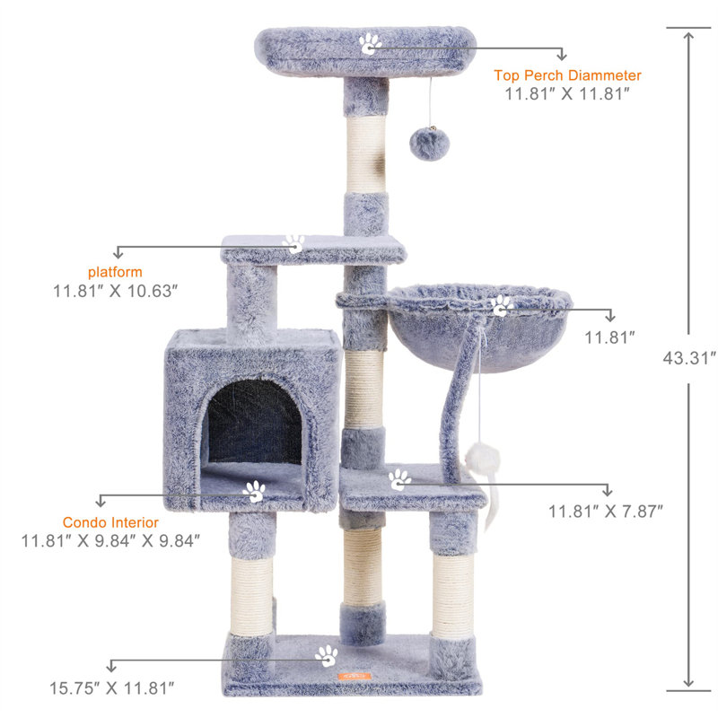Arbre à chat Faraday, Gris, H 43,31 po x l 12,6 po x L 17,32 po