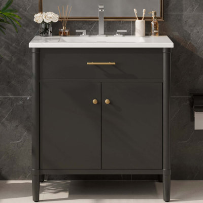 31 Inch Bathroom Vanity with Sink, Soft Close Doors, Adjustable Shelf, Curved Design, Rubber Wood Legs, Black Finish