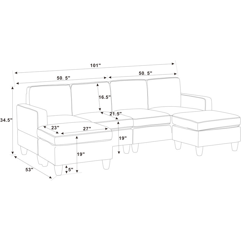 Ranjeeta 101" Wide Modular Sofa & Chaise with Ottoman