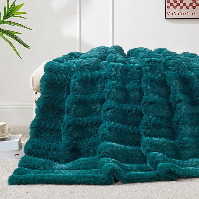 Tread Pattern Rabbit Faux Fur Throw, 60'' x 70", Teal