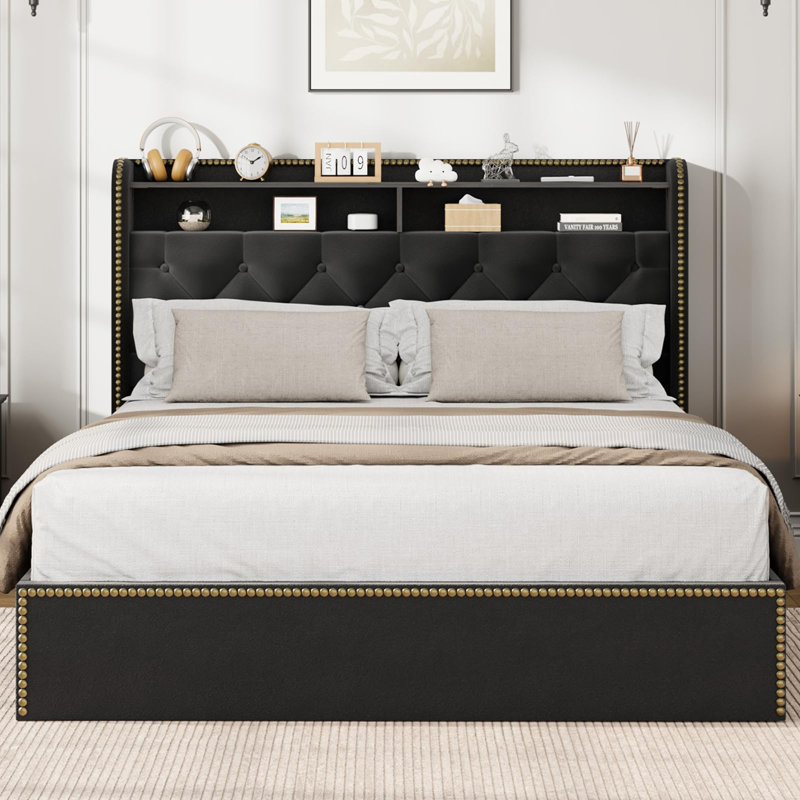 Structure de lit double en velours avec 4 tiroirs de rangement, plateforme complète rembourrée avec tête de lit capitonnée et garniture cloutée, cadre de lit à lattes en bois noir sans sommier