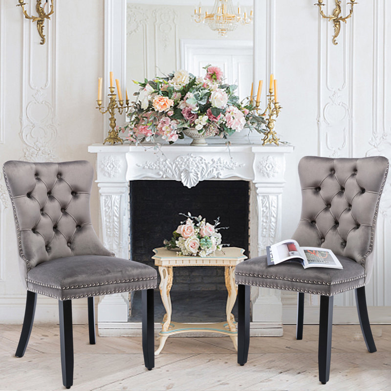 Tufted Velvet Wing Back Side Dining Chairs, Black, Gray