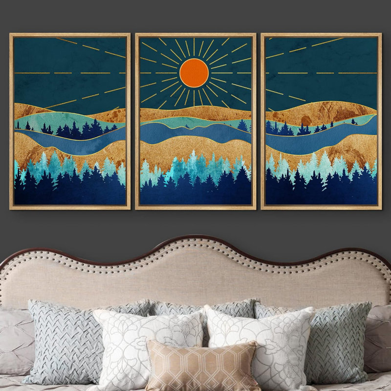 " Shining Orange Sun & Granite Mountain Forest Nature Wilderness Modern Art Rustic Scenic Colourful " 3 - Pieces, Naturel