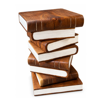 Hand-Carving Solid Wood Stack of Books Side Table & Accent Pedestal Stool