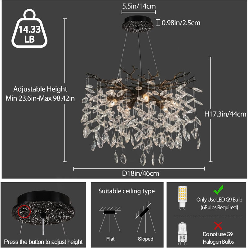 Abe 18" 6 - Light Dimmable Modern Tree Branch Crystal Chandelier For Dining Room, Matte Black