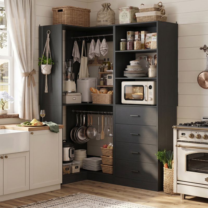Armoire de rangement d'angle pour garde-manger de coin avec 4 tiroirs, tablettes ouvertes et tringles de suspension, système d'organisation de nourriture modulaire 2 pièces