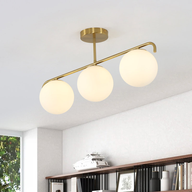  Luminaire suspendu sphérique en verre opale G9 à 3 lumières Driscilla de 27 po de style rétro traditionnel, Laiton