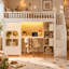Lit mezzanine avec escalier de rangement, bureau intégré, étagères ouvertes, panneau de fenêtre décoratif, bande lumineuse DEL et port de chargement USB-662385431-662385433