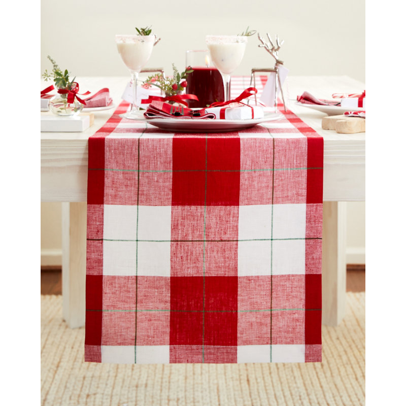 Very Merry Plaid - 100% Pure Linen Christmas Table Runner, 156" x 14"