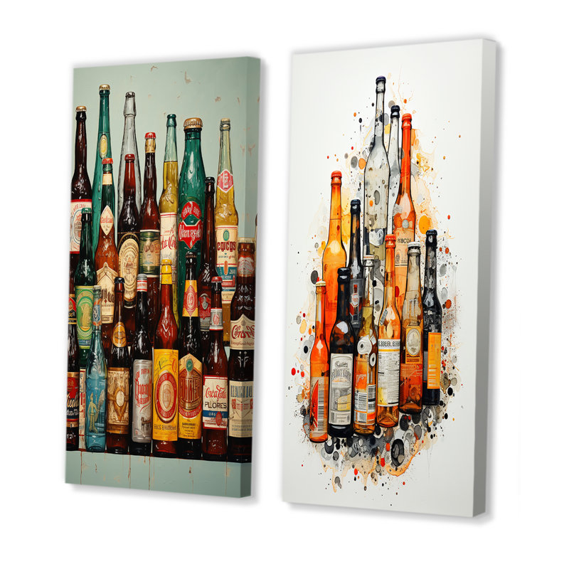 Beer Bottles Collage - Beer Canvas Art Print Set Of 2, 28" H x 25" W, Wrapped Canvas