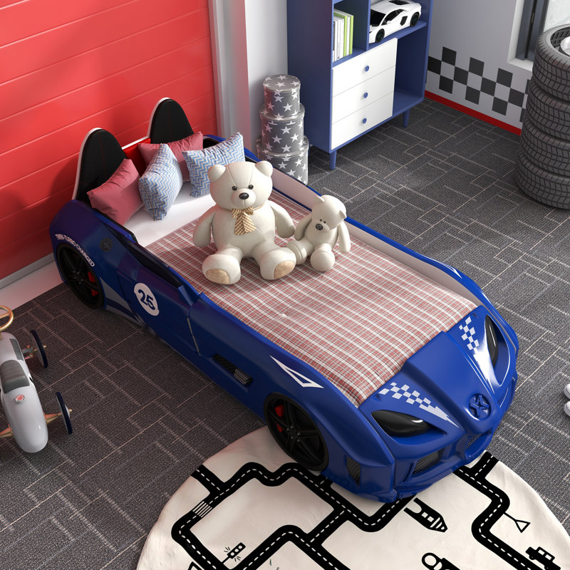 Lunnie Twin Car Bed With Lights, Blue, Blue