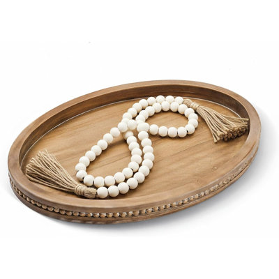 Oval Wooden Decorative Tray With Bead Garland, Rustic Farmhouse Coffee Table Centerpiece Tray For Candles, Entryway And Home Decor