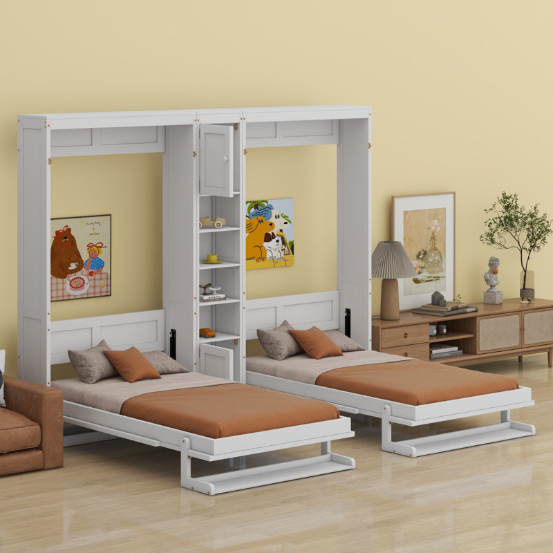 Dual Murphy Beds With Cabinets And Shelves, White