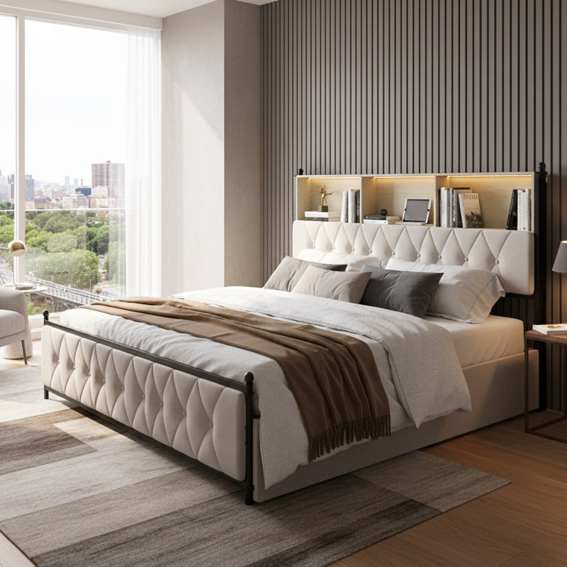 EU Double & King Velvet Storage Bed With 4 Drawers & LED Headboard, Upholstered Bed Frame With USB Ports, Beige
