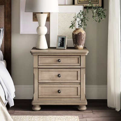 Table de chambre à coucher traditionnelle avec placage en bouleau gris brossé, 2 tiroirs, aucun assemblage requis