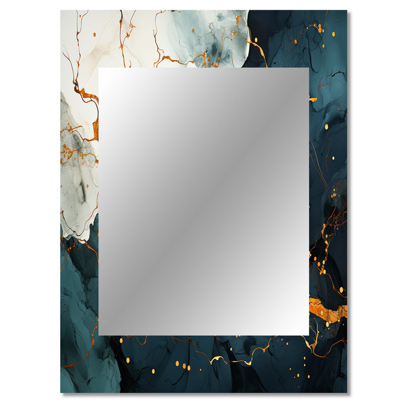 Gold and Green Abstract marble Aura I - Marble Decorative Mirror, Gold Large Wall Mirror, Printed Metal Art, 40" x 30"