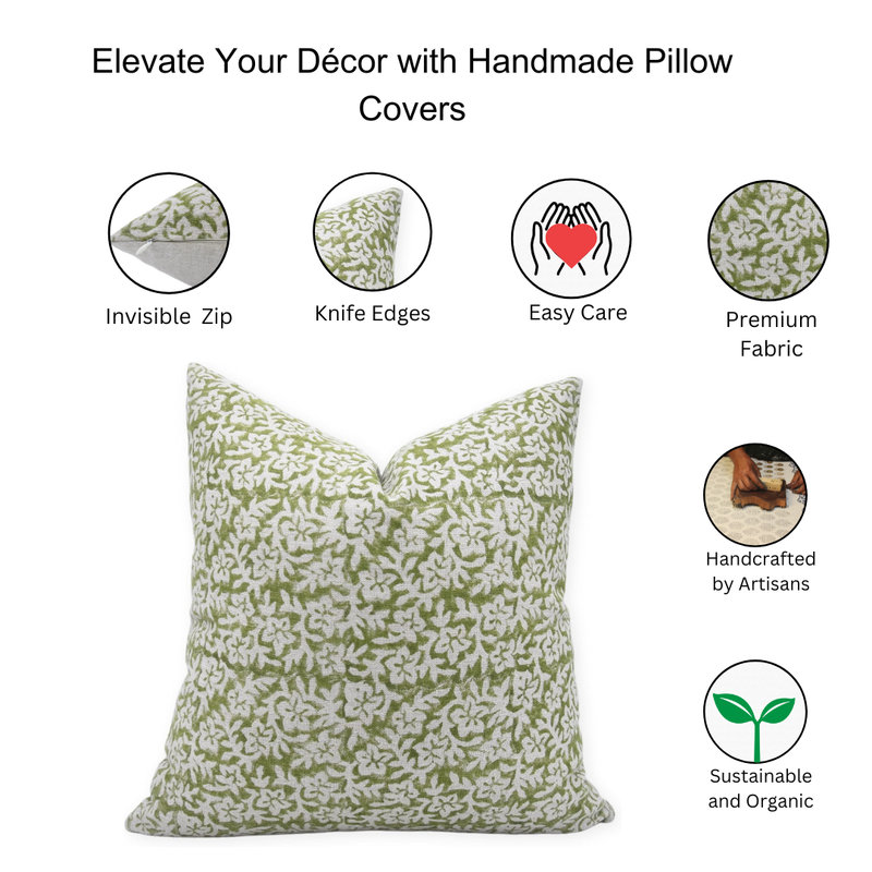 Linen Pillow Cover, 16" x 16", Green/White Floral 1, Square