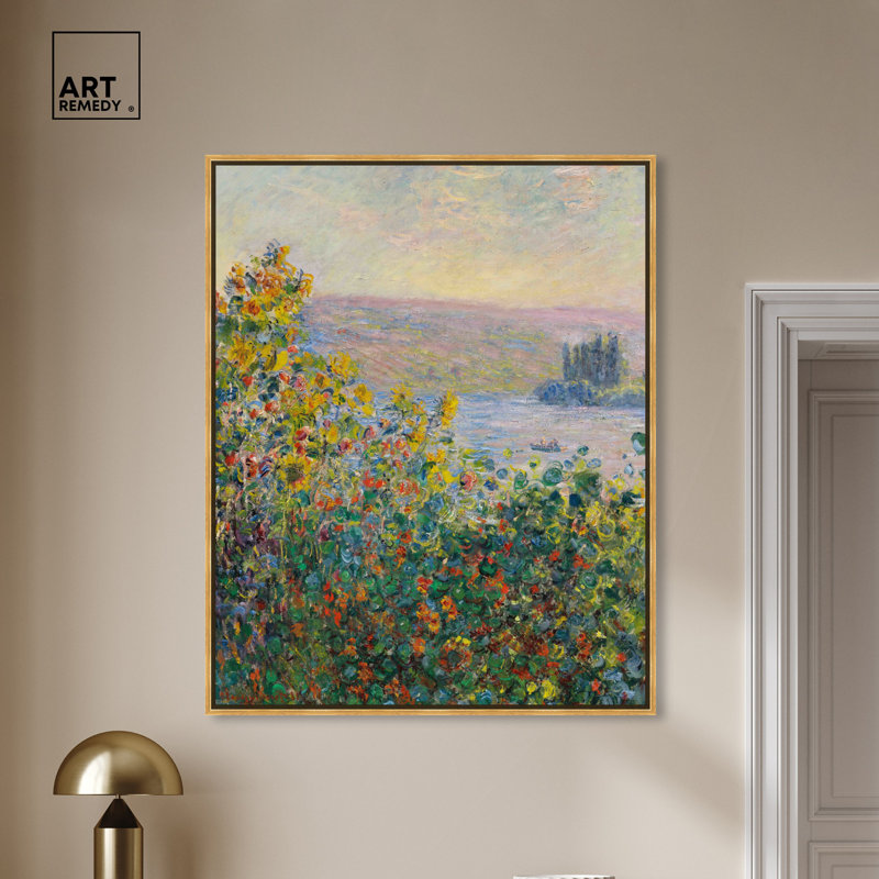 Flower Beds at Vetheuil Gold Framed Landscape Canvas Art