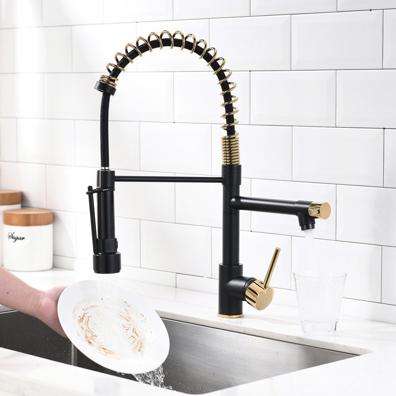 Robinet de cuisine rétractable, finition noir mat et or, levier unique, rotation à 360 degrés, rotation à 360 degrés, pour évier