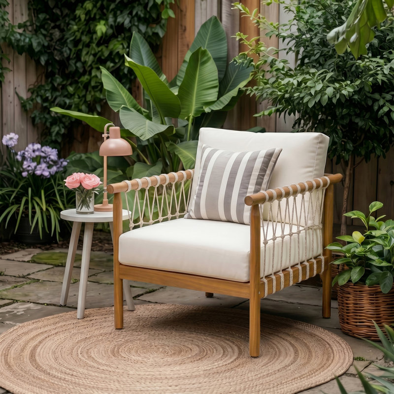 Chaises longues de patio, corde en bois d'acacia, coussins crème modernes pour patio