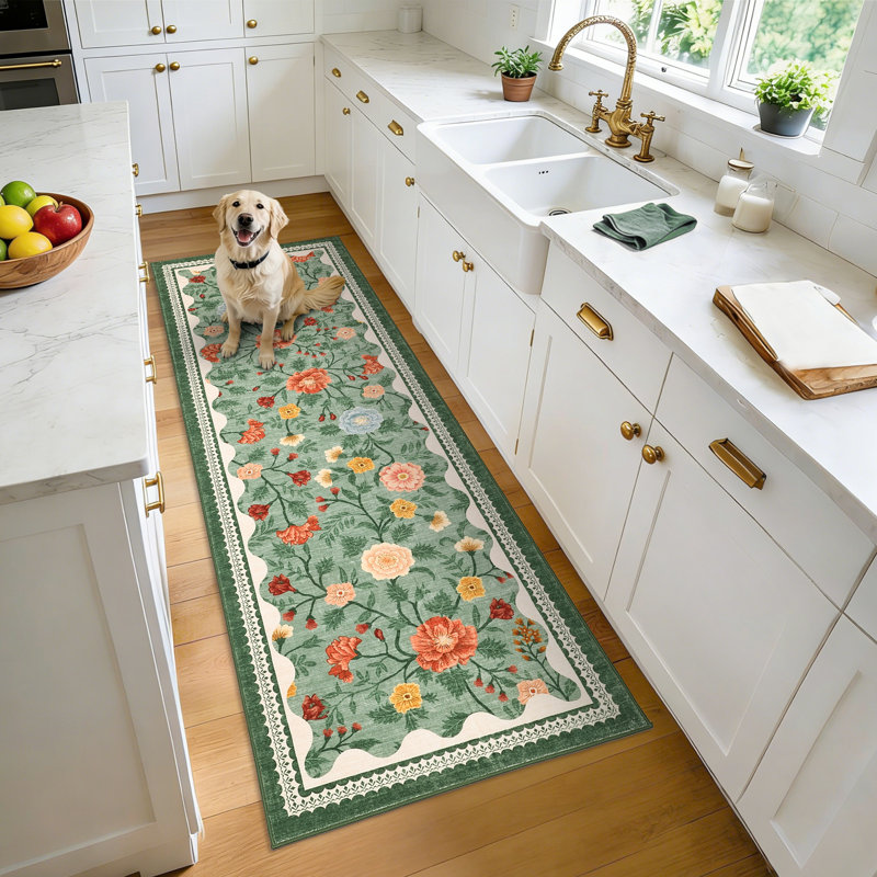 2x6 Floral Kitchen Runner Rug Machine Washable Non-Slip Runners for Hallways Soft Low Pile Lightweight Long Carpet Rugs Farmhouse Indoor Floor Mat for Bedroom, Bathroom Green