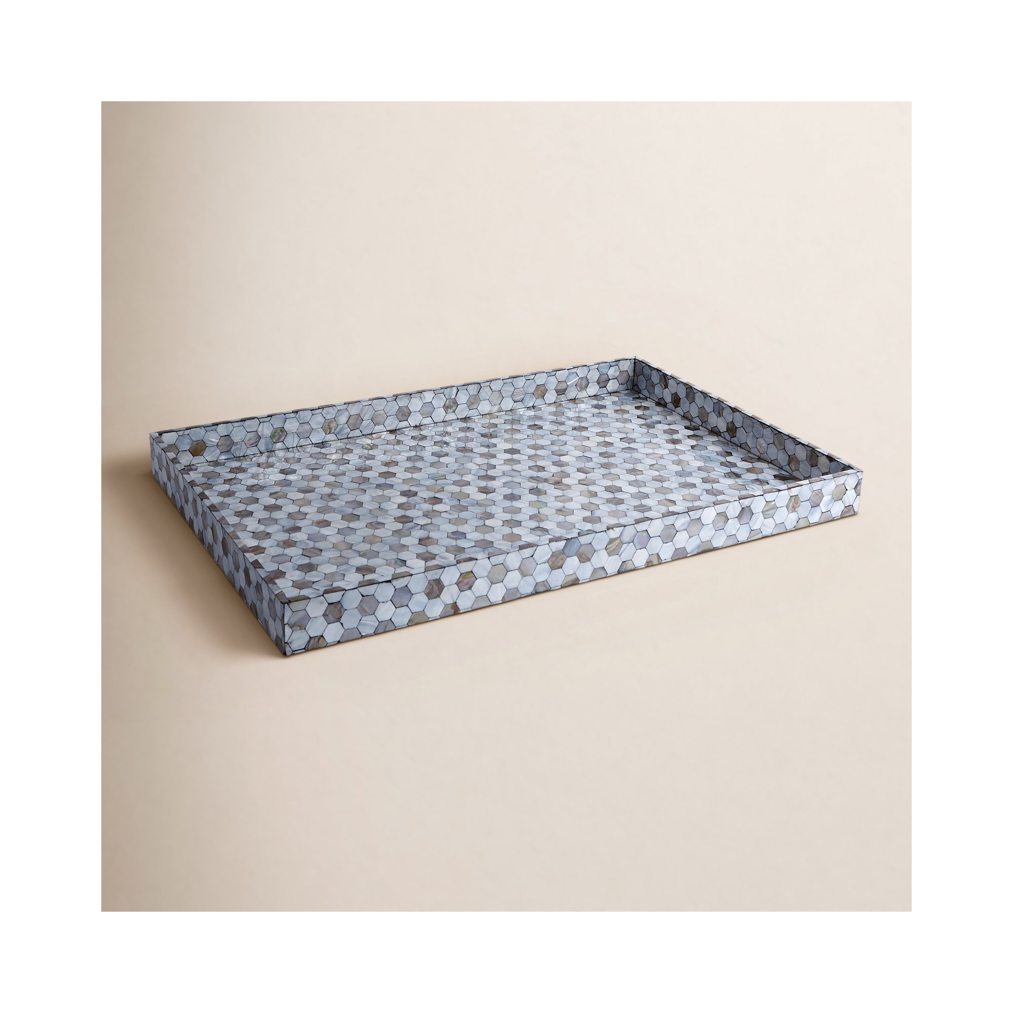 Mother Of Pearl Modern Enamel / Lacquer Tray - Set of 1, 2.5" H x 14" W x 18" L, Pearl