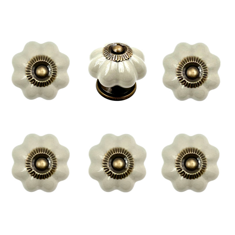 Set of Six Gray Ceramic Floral Shape Drawer Pull Knobs