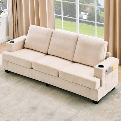 Modern 3-Seater Sofa, 89" Chenille Couch with Deep Seat, Cup Holders & Side Storage Pockets – Comfortable Living Room Sofa for Apartments, Lounges, and Small Spaces