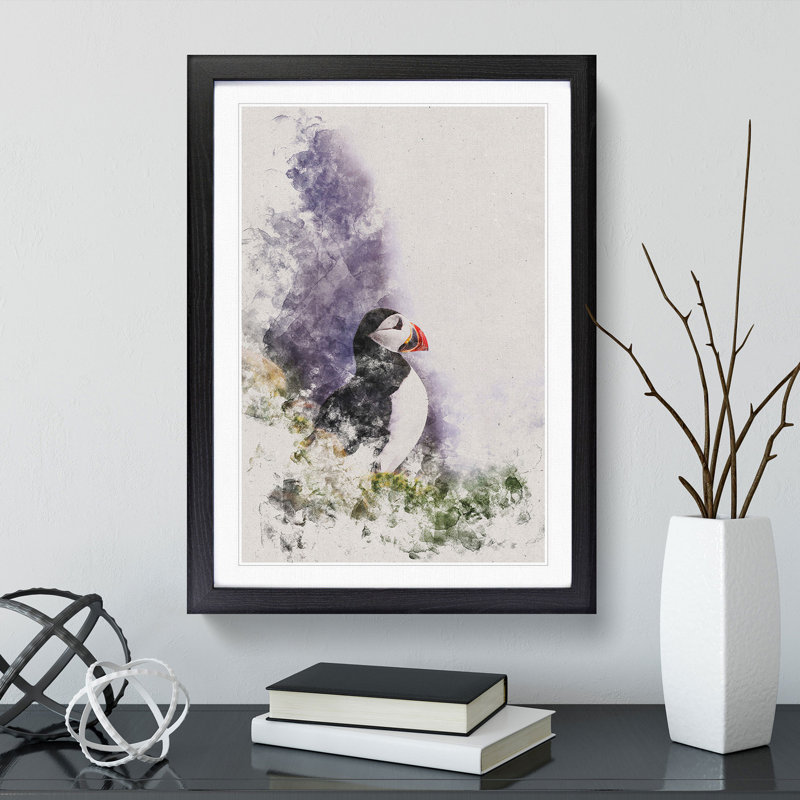 Atlantic Puffin Birds Vol.7 Watercolour - Picture Frame Graphic Art, 90cm H x 65cm W x 2cm D, Black