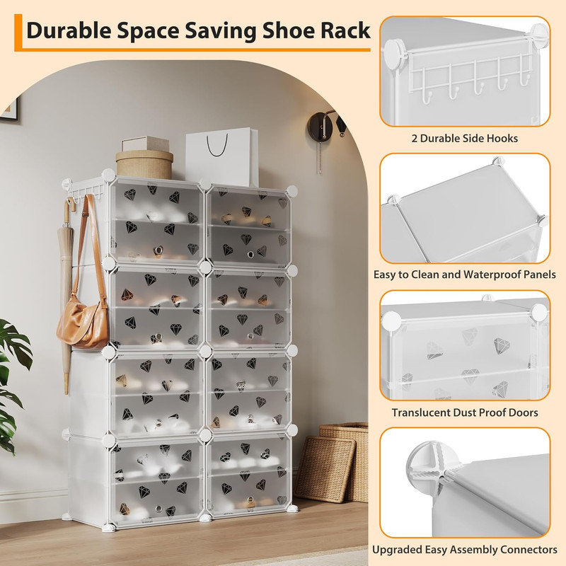 8-Tier Shoe Rack with Doors, Expandable Storage for 32 Pairs, Entryway & Bedroom Organizer, White