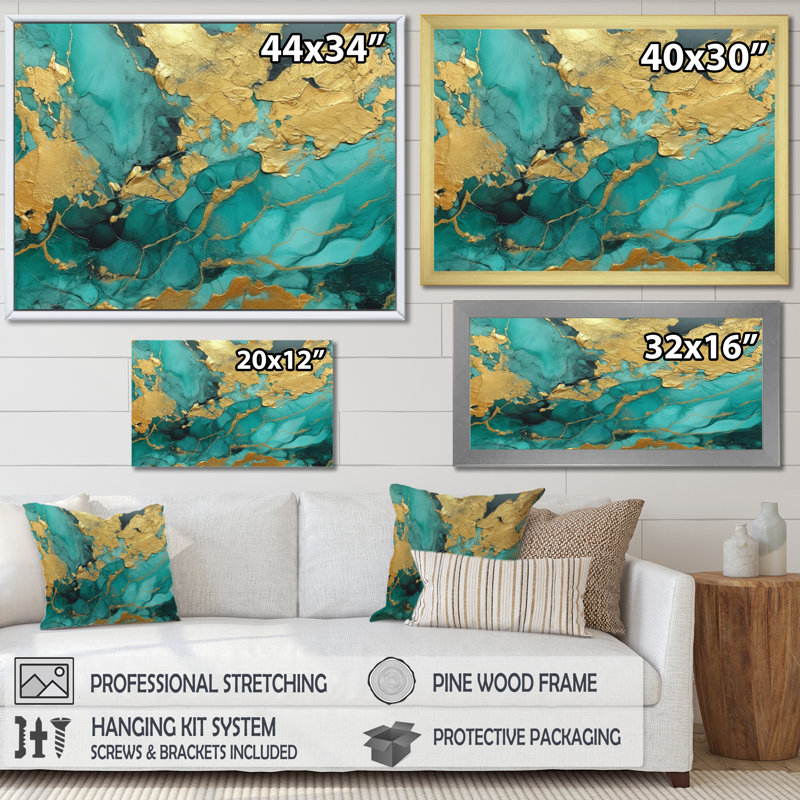 «Blue Watercolor Impression With Gold II - Fractals», reproduction sur toile, H 20 po x l 12 po x P 1 po, Cadre flottant noir