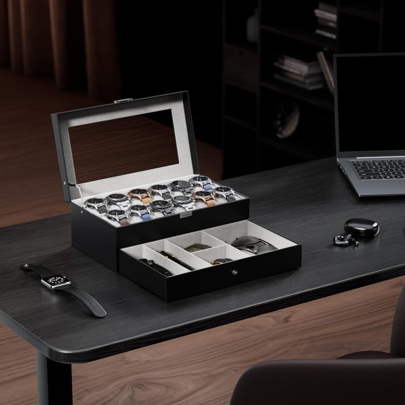 12-Slot Men's Watch Box with Drawer, Black