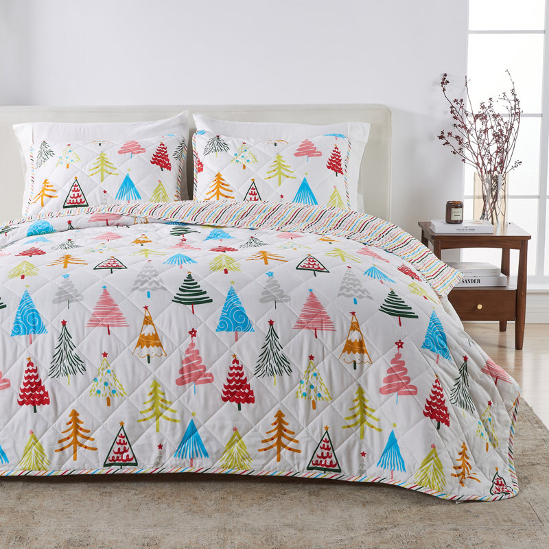 Ensemble de courtepointe Vibrant & Cheerful Christmas, Courtepointe pour grand lit + 2 taies décoratives, Happy Hillside