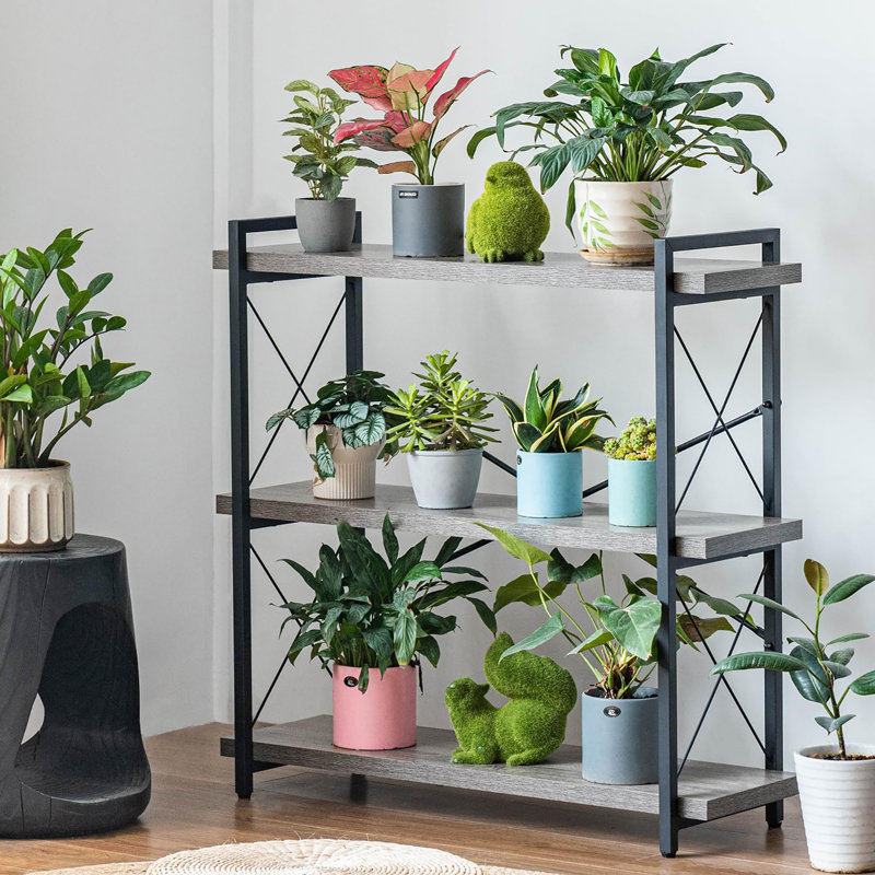 3 Tier Industrial Style Open Bookshelf with Metal Frame for Freestanding Placement, Grey