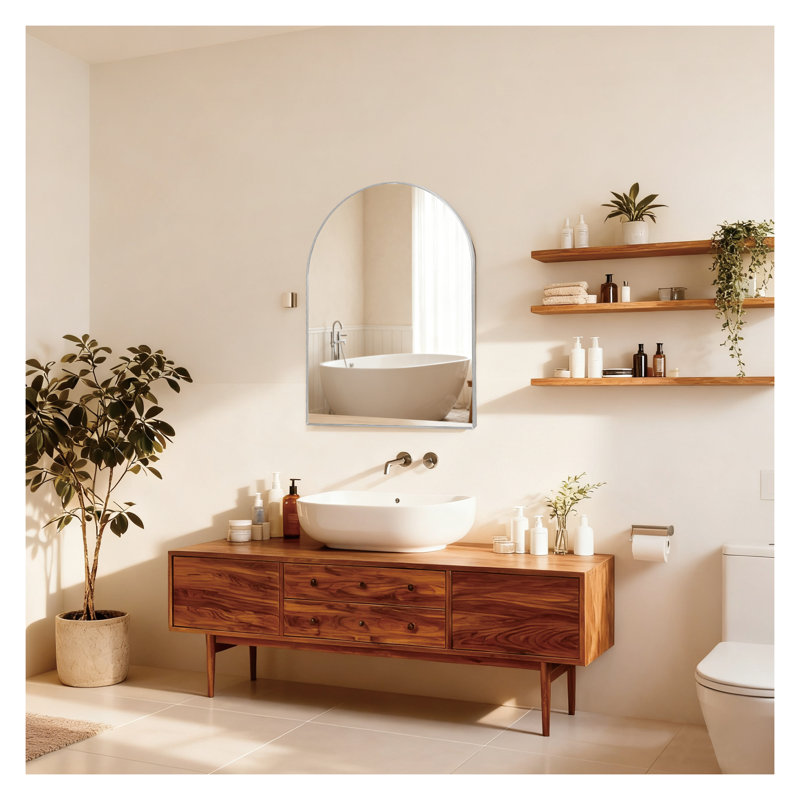 Miroir mural 30 po x 36 po en métal argenté arqué - incassable, verre HD, décor de salle de bain moderne