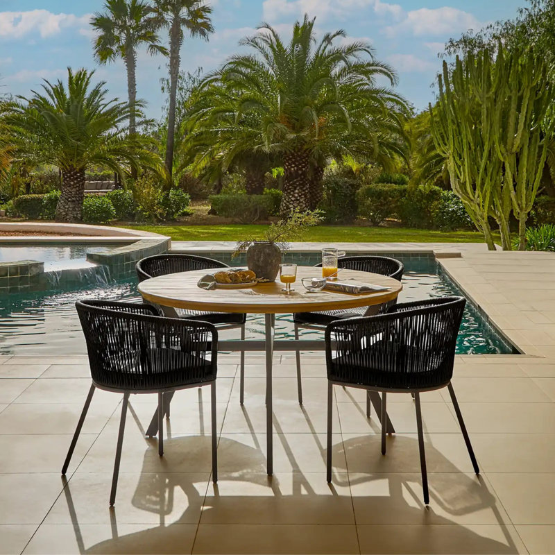 4 Seater Round Wooden Garden Dining Set with 4 Rope Chairs, Black