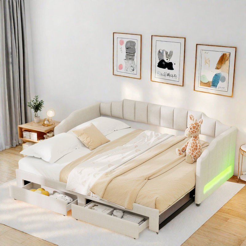 Lit de jour rembourré extensible avec 2 tiroirs de rangement et lumière DEL, Beige