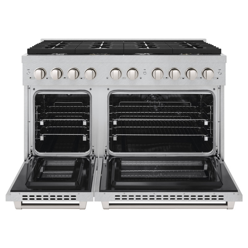 ZLINE 48 in. 6.7 cu. ft. Paramount Double Oven Dual Fuel Range with 8 Burner Gas Cooktop in Satin Stainless Steel (SDRS-48)