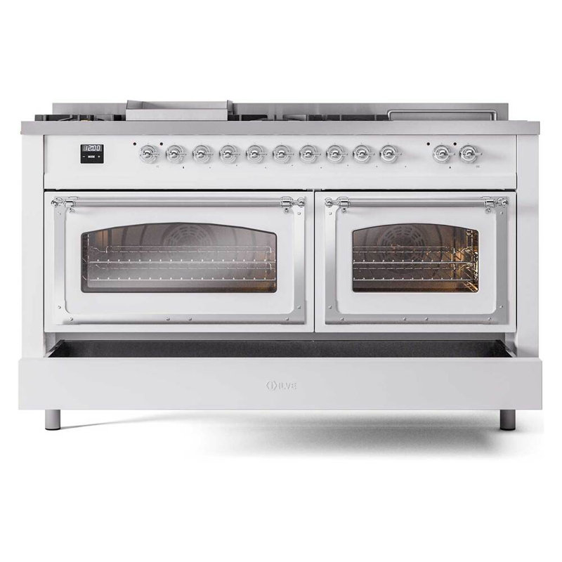 ILVE Nostalgie II Noblesse 60 in Dual Fuel Range 7 Burner, Griddle, Frenchtop, White/Chrome, Natural Gas