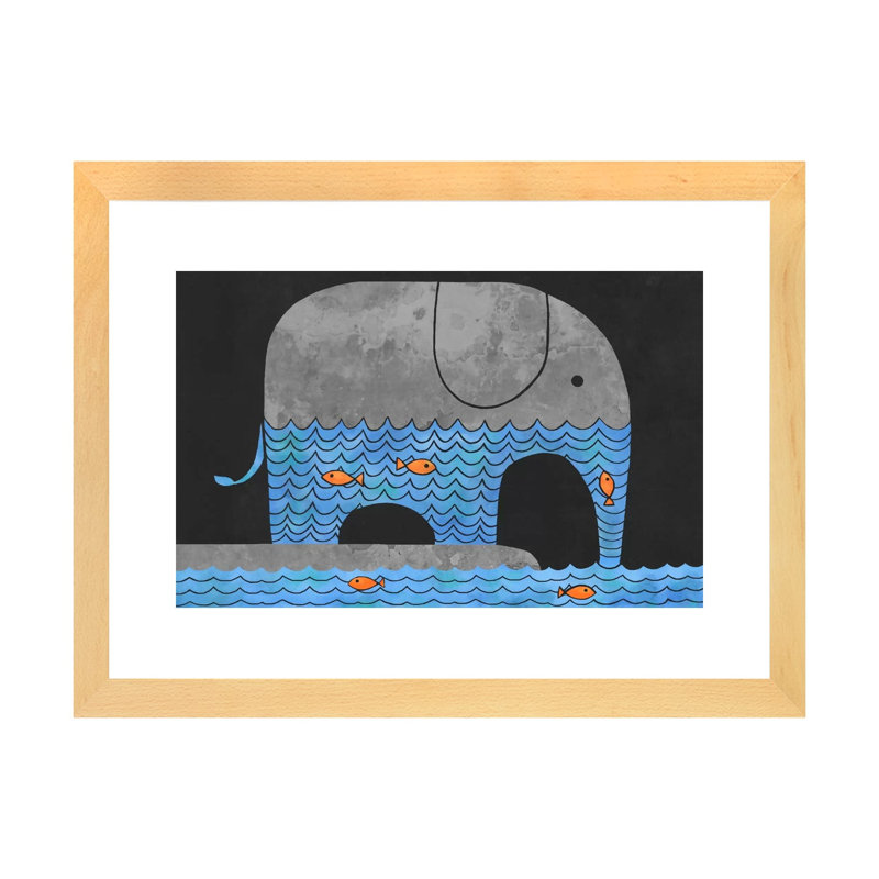 «Thirsty Elephant» par Terry Fan - impression, H 24 po x l 32 po x P 1 po, Papier avec cadre beige, Blanc