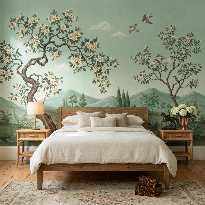 Papier peint mural vert paysage floral, arbres florissants, oiseaux en vol, décoration murale amovible, Texturé non collé