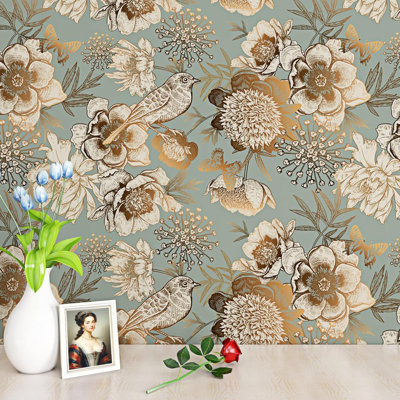 Papier peint auto-adhésif doré, papier peint floral rétro, oiseaux dorés, papier peint amovible, autocollants pour murs, chambre à coucher, salon, décoration, adhésif, papier sarcelle, vinyle