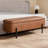 2-Seat 43 Inch Storage Bench, Camel Faux Leather Upholstery, Black Steel Frame, Flip-Top Storage for Bedroom and Entryways