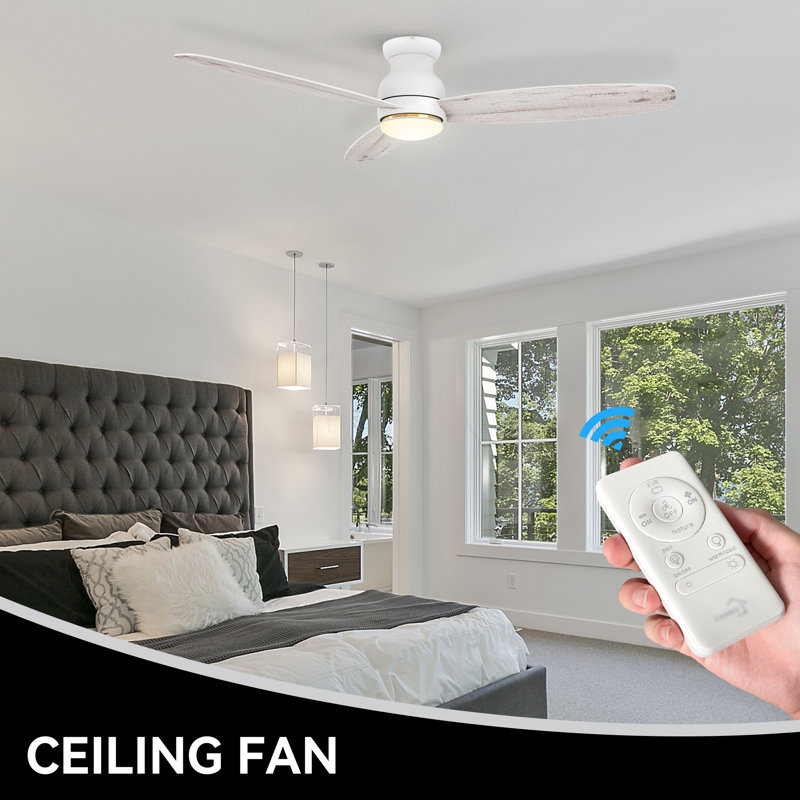 60'' Bato 3 - Blade LED Flush Mount Ceiling Fan with Remote Control and Light Kit Included, White/Light Wooden