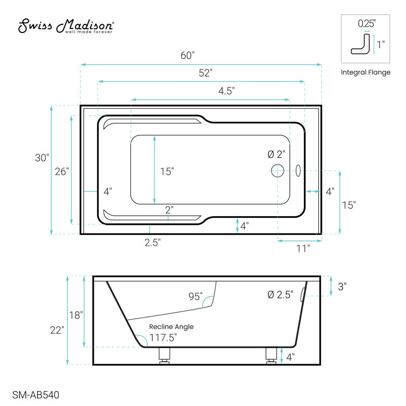 Voltaire 60" x 30" Left-Hand Drain Alcove Bathtub with Apron and Armrest, Glossy White, Left With Armrest