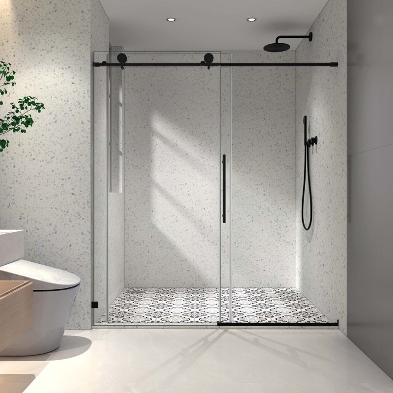 Une porte de douche fixe et une porte décalée sans cadre, grandes poulies en acier inoxydable avec fonction de fermeture en douceur réglable