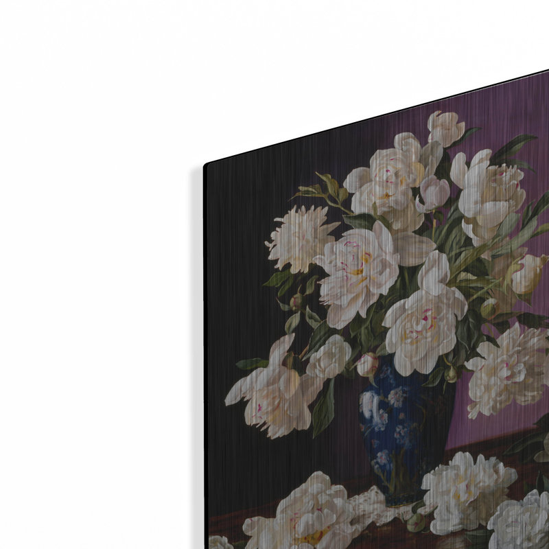 «Lark Manor ™», pivoines blanches dans un vase chinois bleu »par Christopher Pierce, art mural en métal, H 16 po x l 12 po